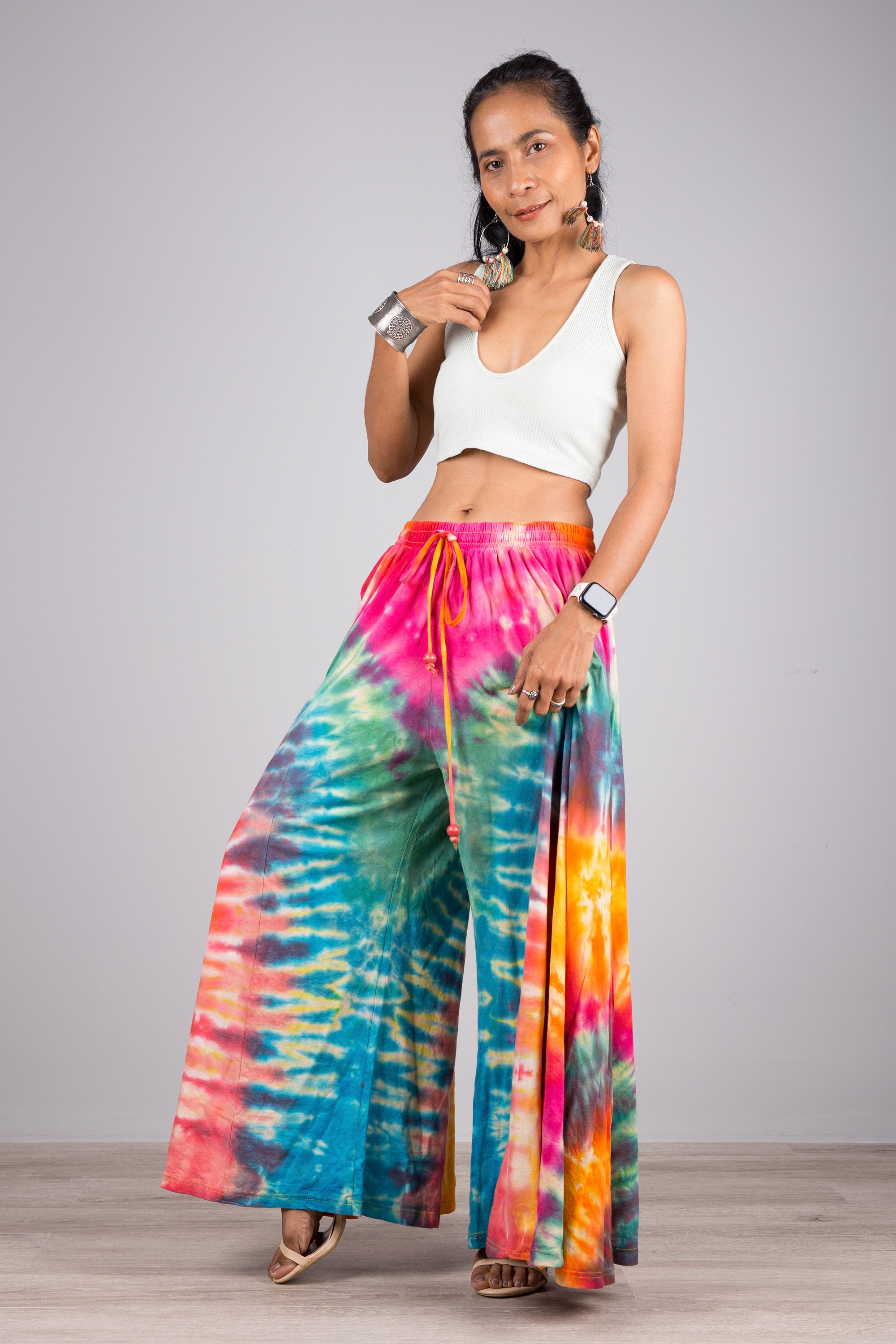 【COLOR iN ID】lines banding pants Tie dye pants | Tiered Wide leg festival pants | Rainbow