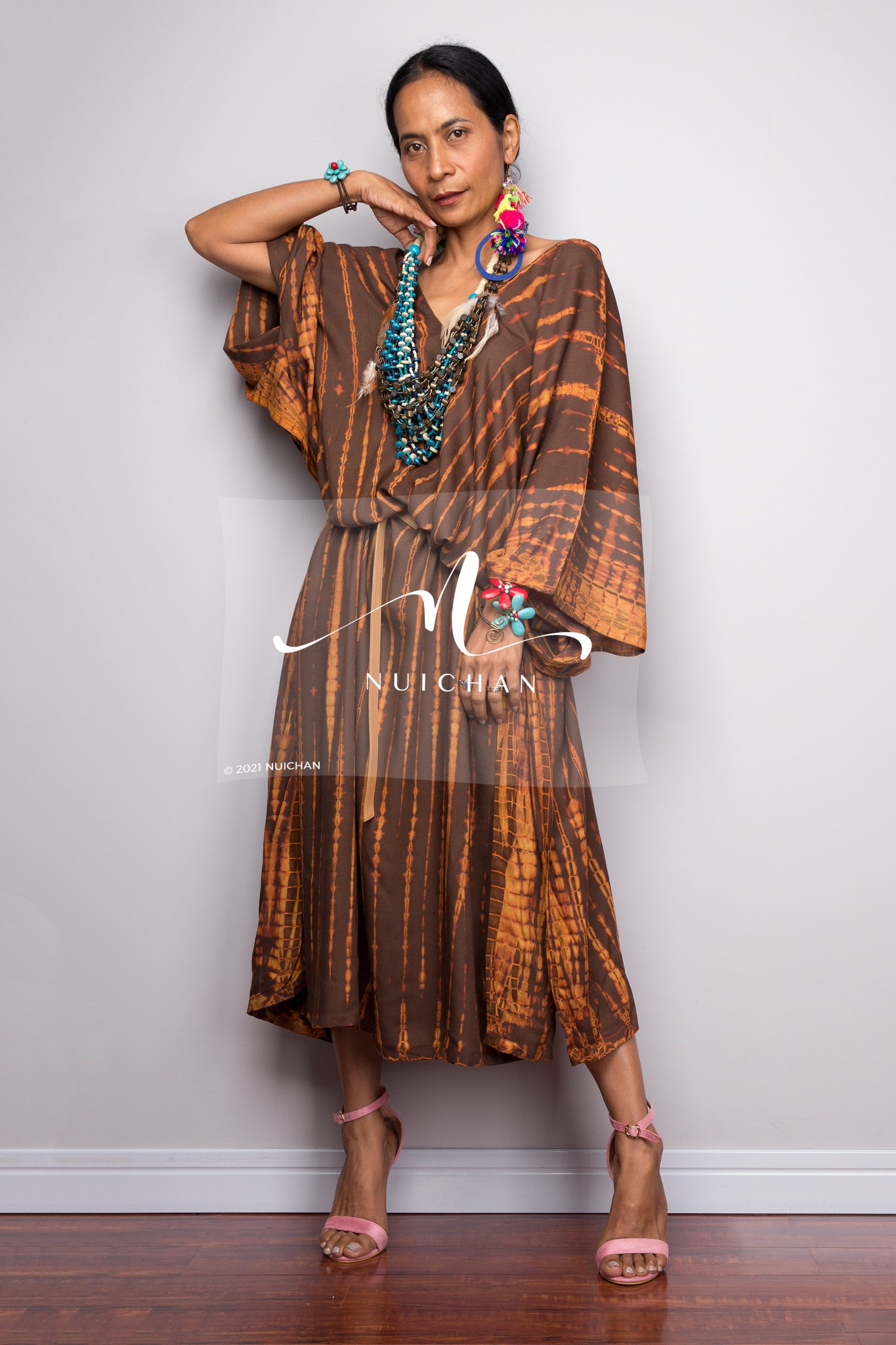 Buy kaftan dress online.  Affordable tie dye caftan dress by Nuichan.  Plus size kaftan dress.  Long brown dress for sale.