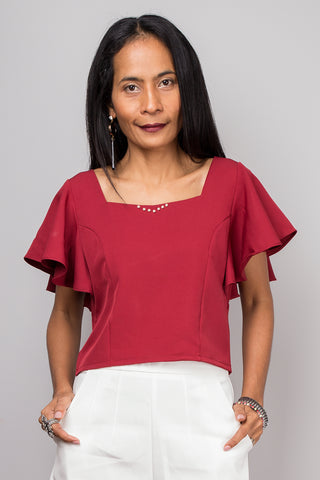 Red top, Short sleeved red top, red tunic, Crop top, Ruffle sleeve top, Elegant red top