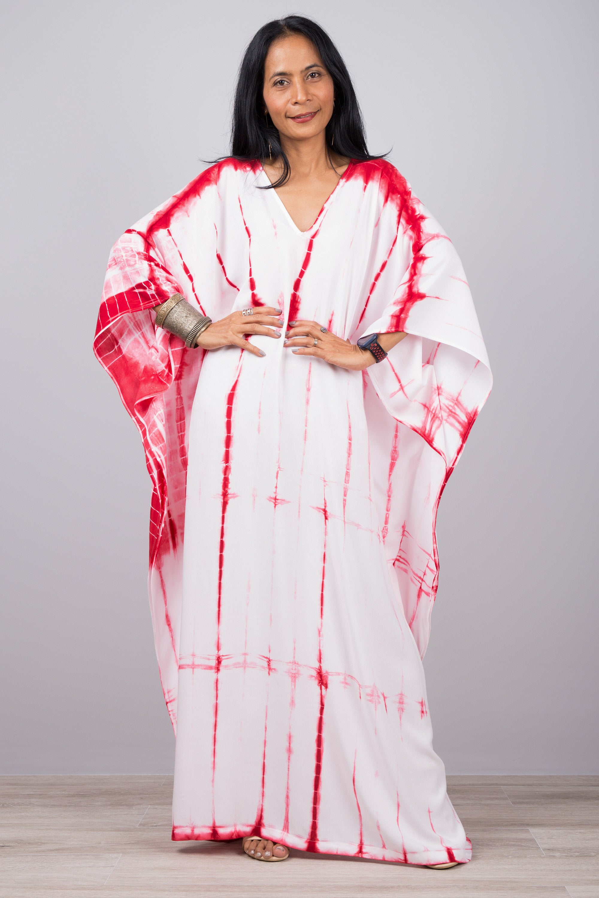 White and Red Tie Dye Kaftan Dress by Nuichan. Boho Summer Kaftan