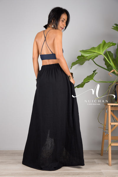 Nuichan women's cotton wrap skirt | Organic black cotton skirt