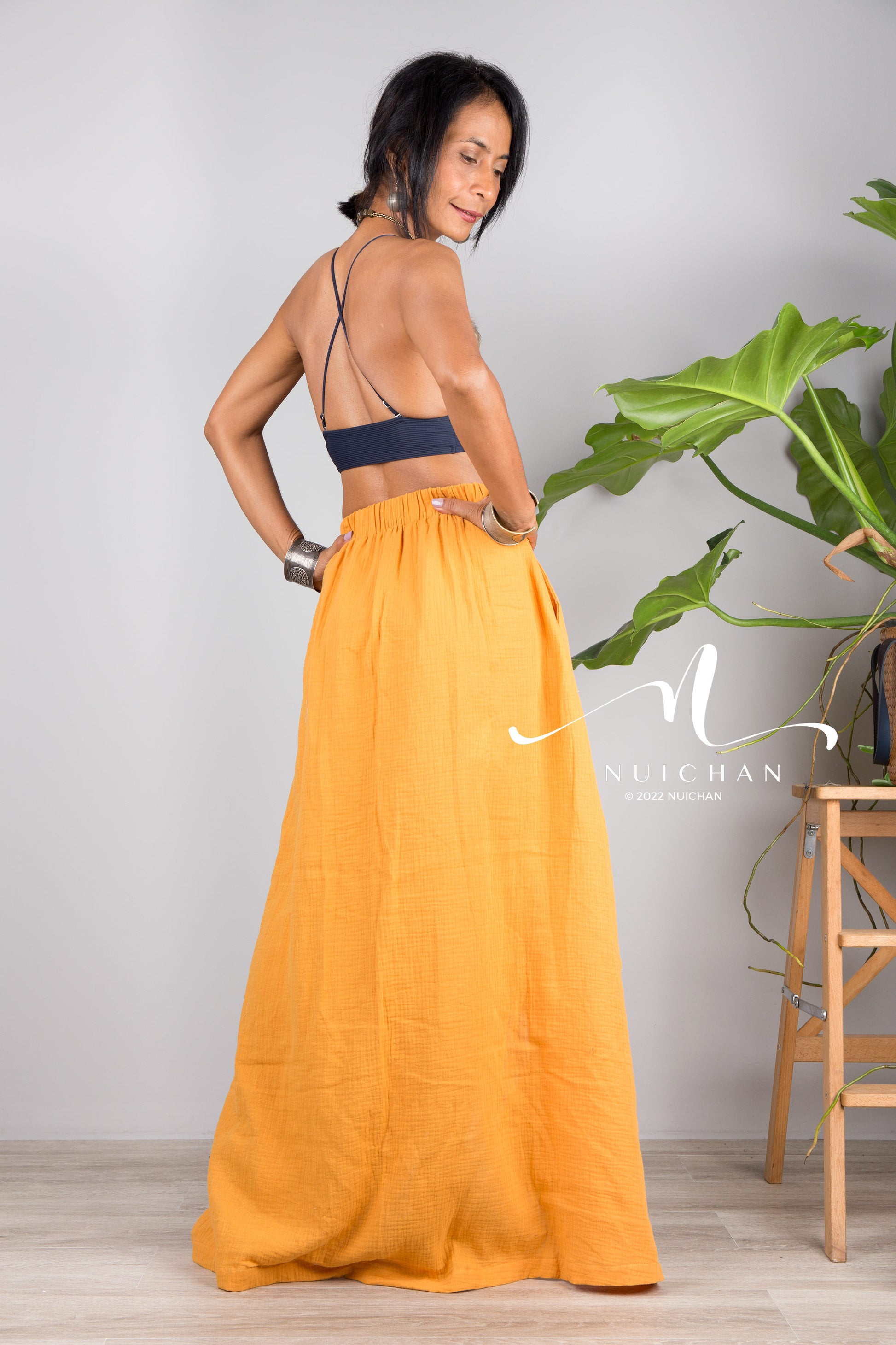 Nuichan women's orange cotton wrap skirt | Organic cotton skirt