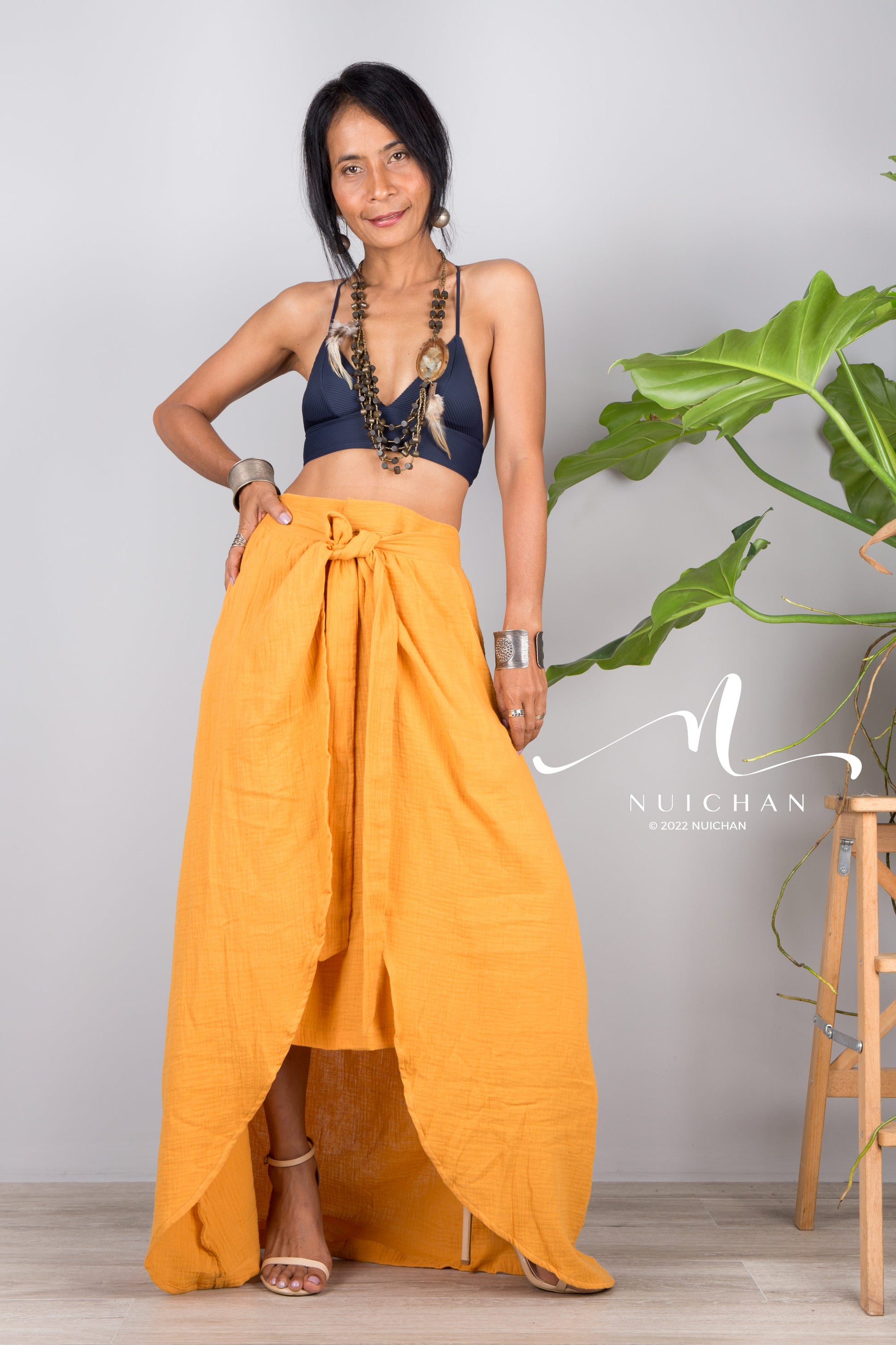 Nuichan women's orange cotton wrap skirt | Organic cotton skirt