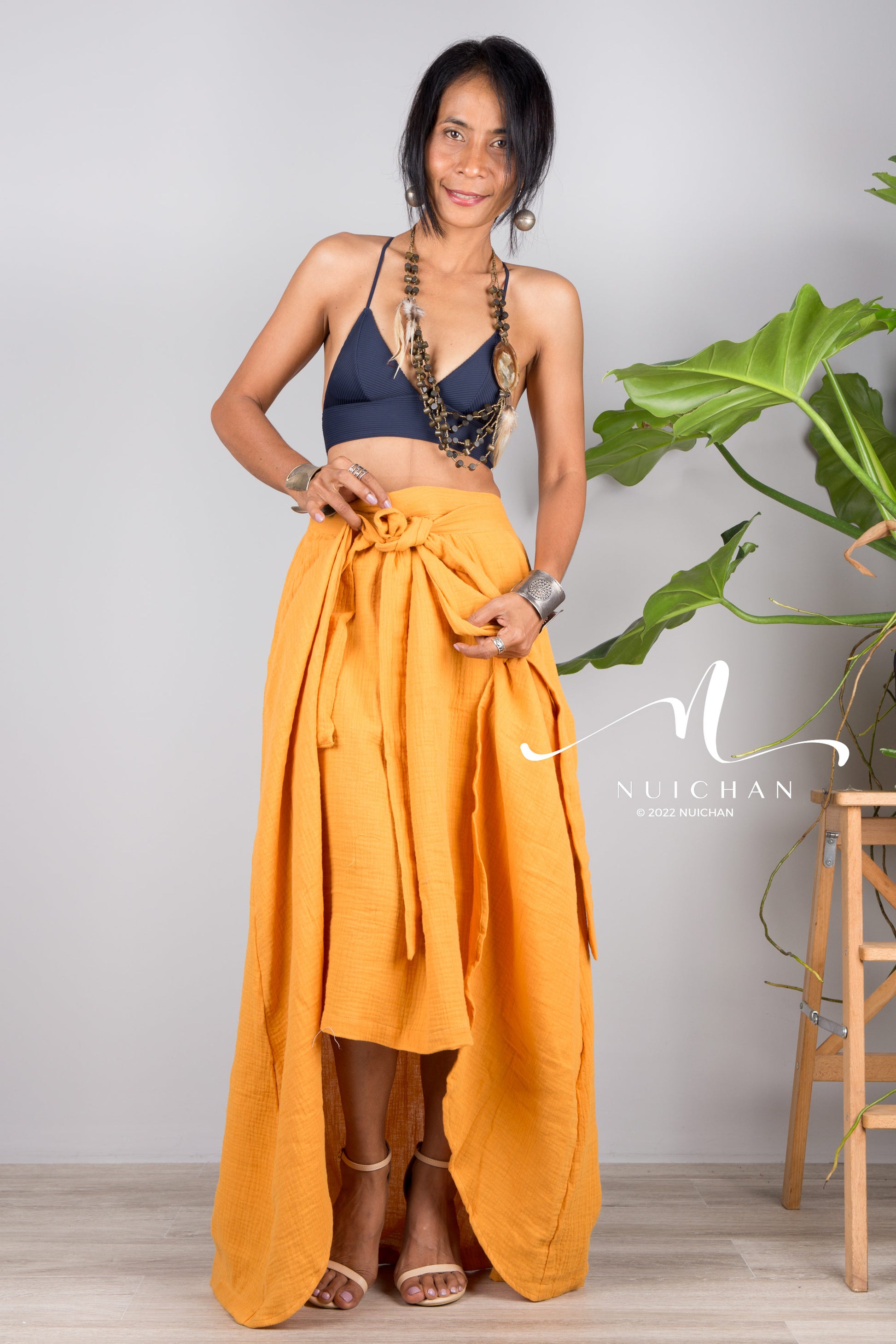 Nuichan women's orange cotton wrap skirt | Organic cotton skirt