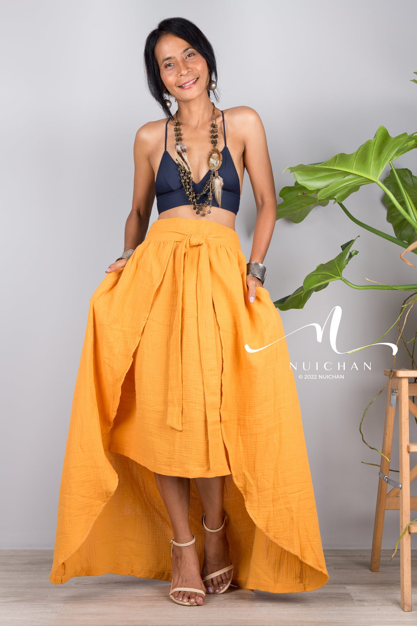 Nuichan women's orange cotton wrap skirt | Organic cotton skirt
