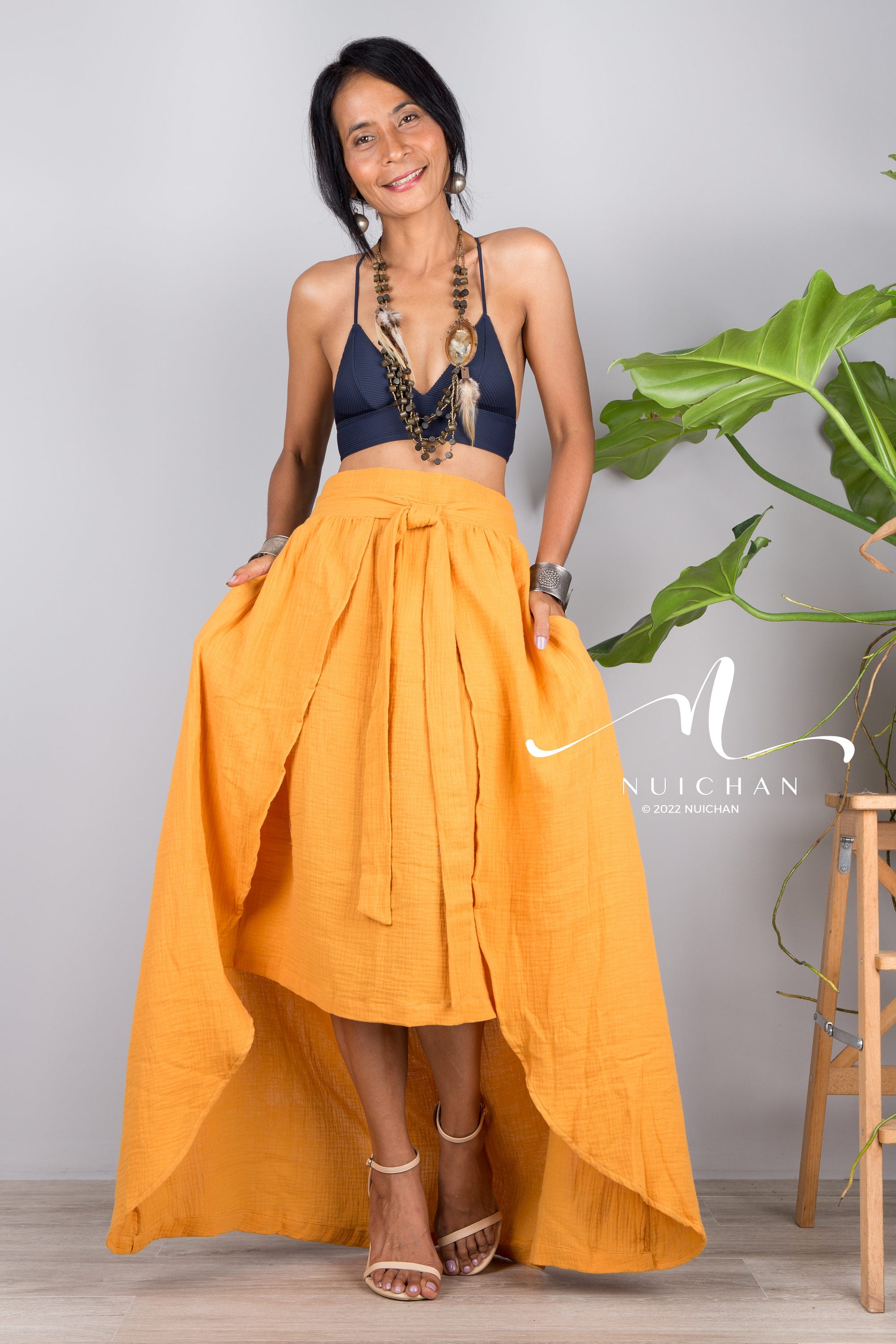 Nuichan women's orange cotton wrap skirt | Organic cotton skirt