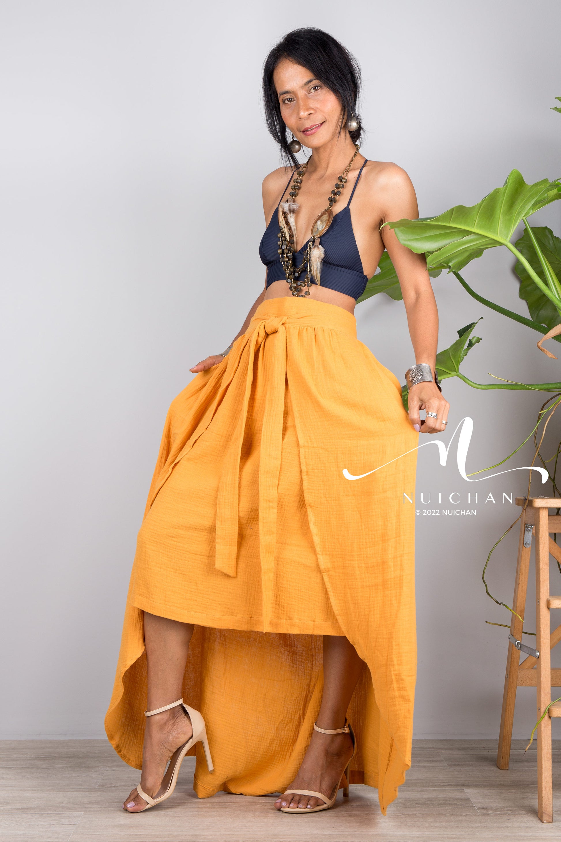 Nuichan women's orange cotton wrap skirt | Organic cotton skirt