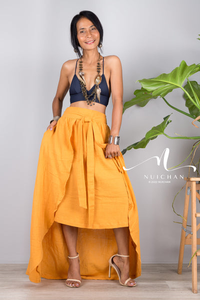 Nuichan women's orange cotton wrap skirt | Organic cotton skirt