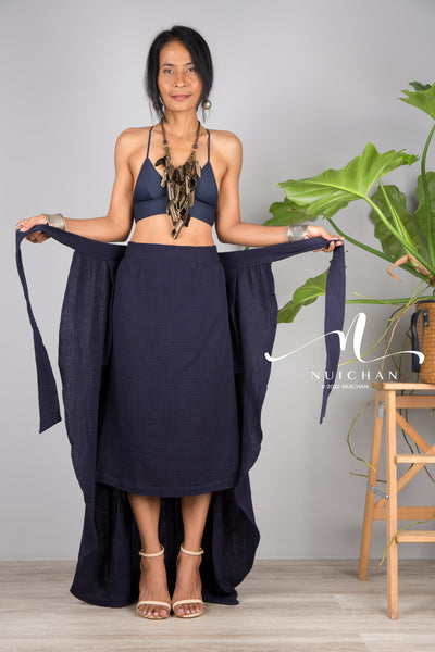 Nuichan women's cotton wrap skirt | Organic blue cotton skirt