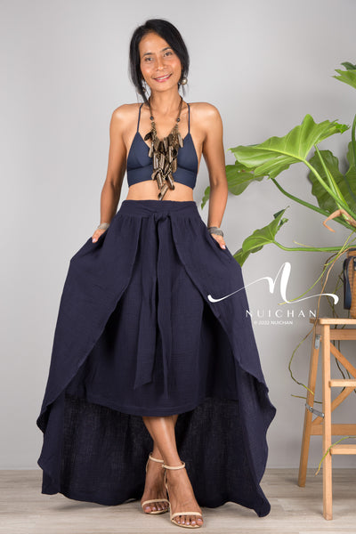 Nuichan women's cotton wrap skirt | Organic blue cotton skirt