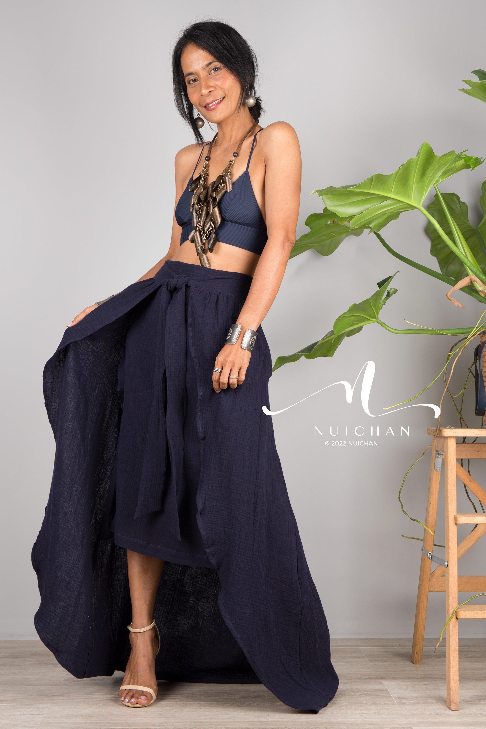 Nuichan women's cotton wrap skirt | Organic blue cotton skirt