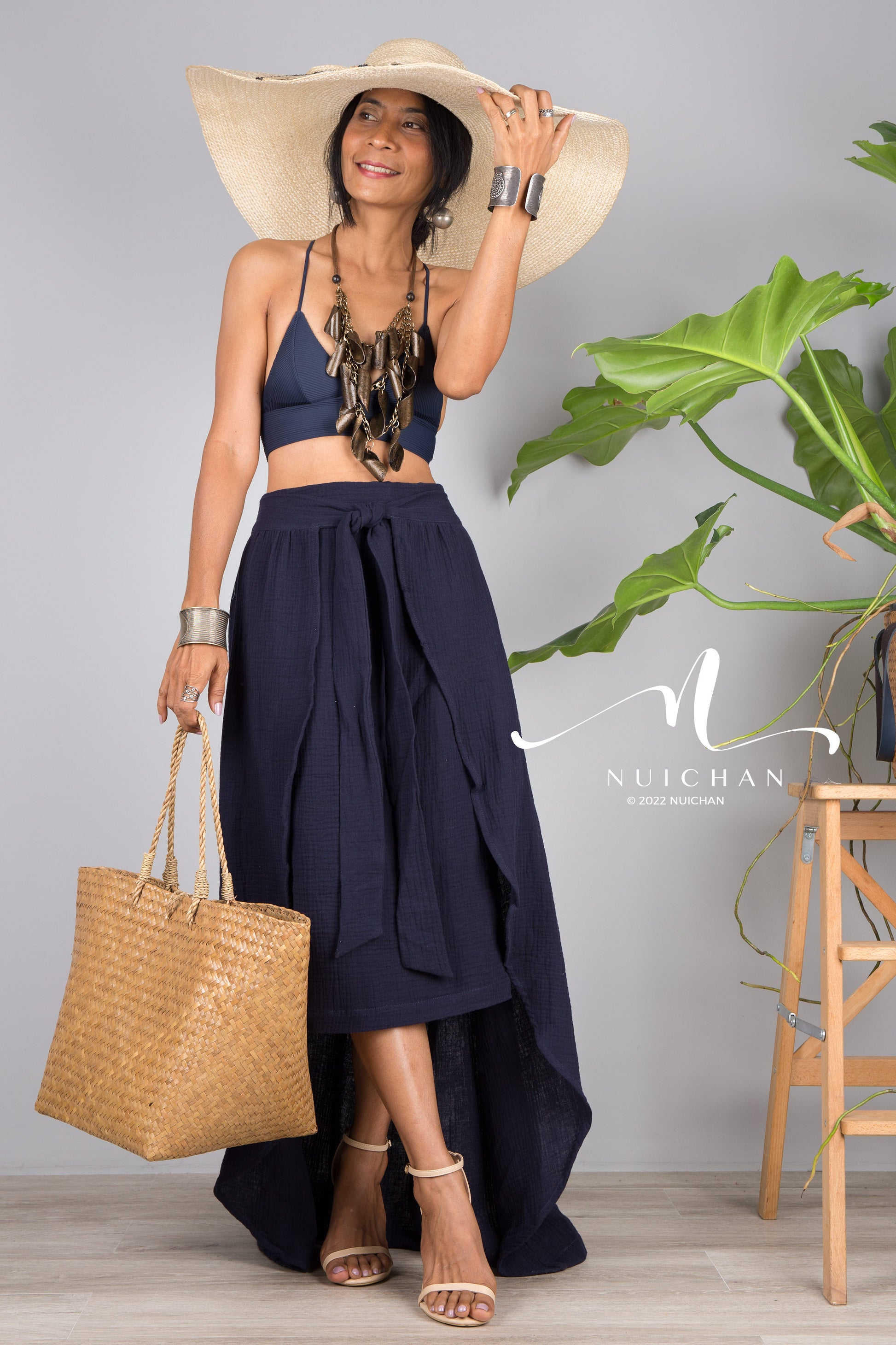 Nuichan women's cotton wrap skirt | Organic blue cotton skirt