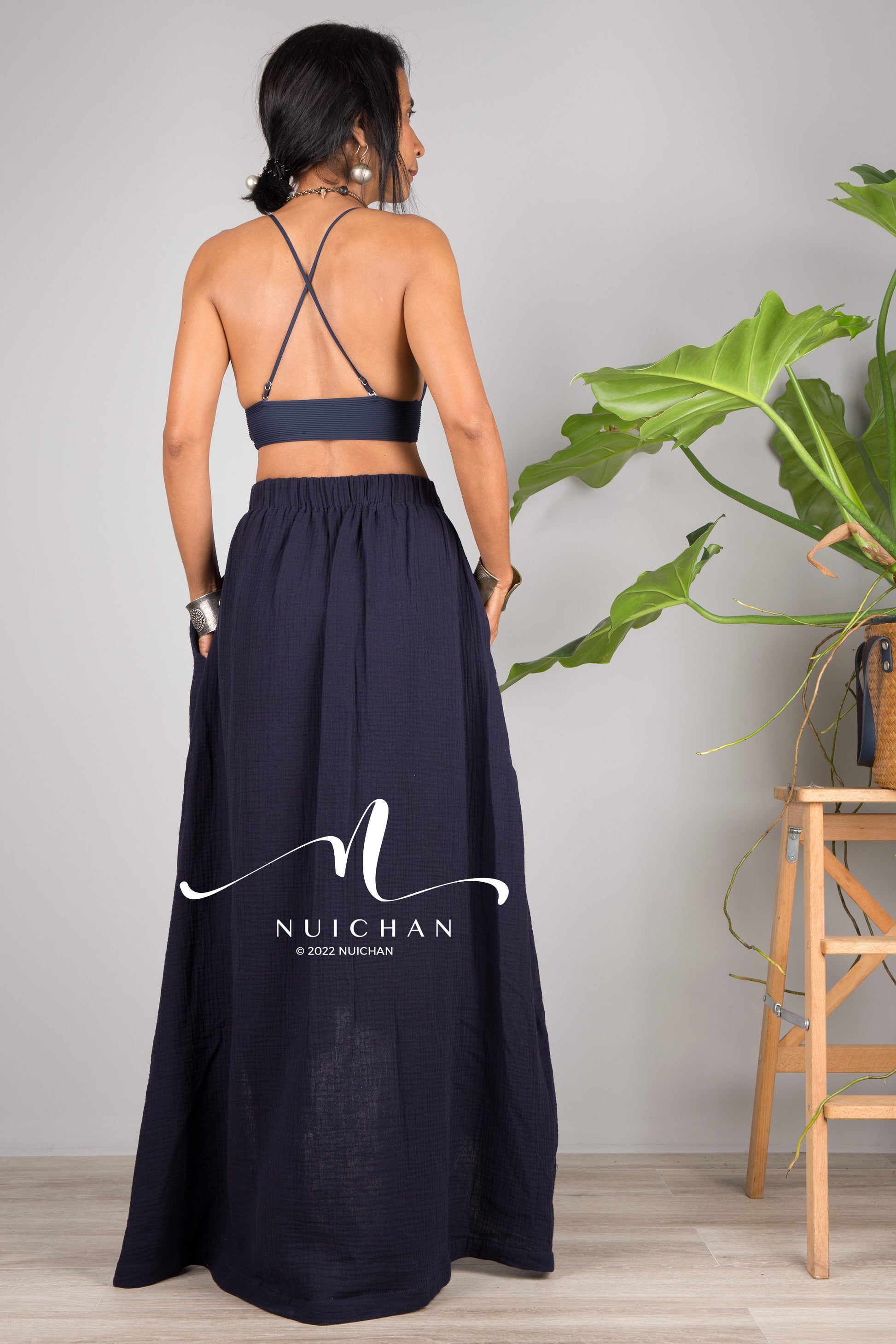 Nuichan women's cotton wrap skirt | Organic blue cotton skirt
