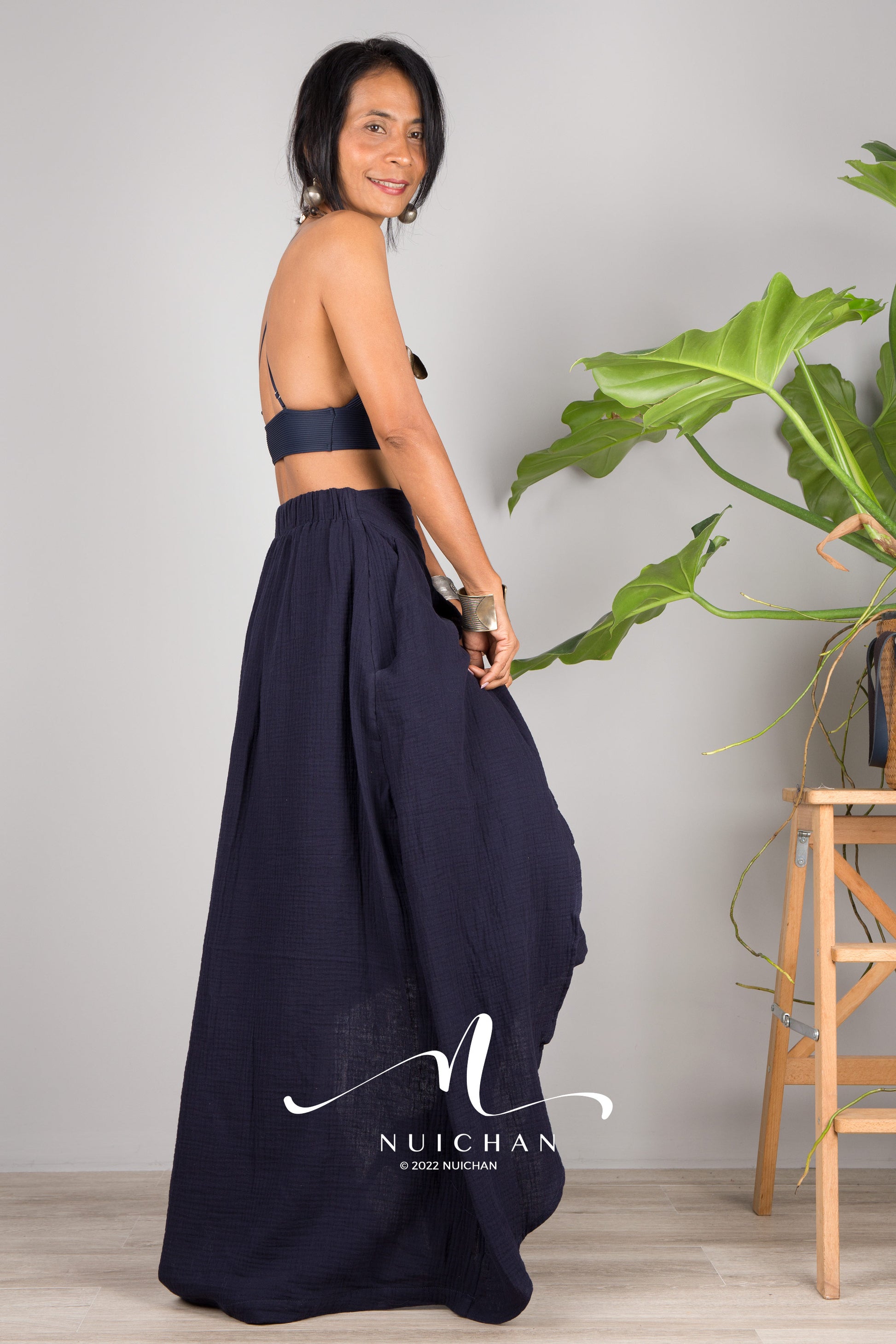 Nuichan women's cotton wrap skirt | Organic blue cotton skirt