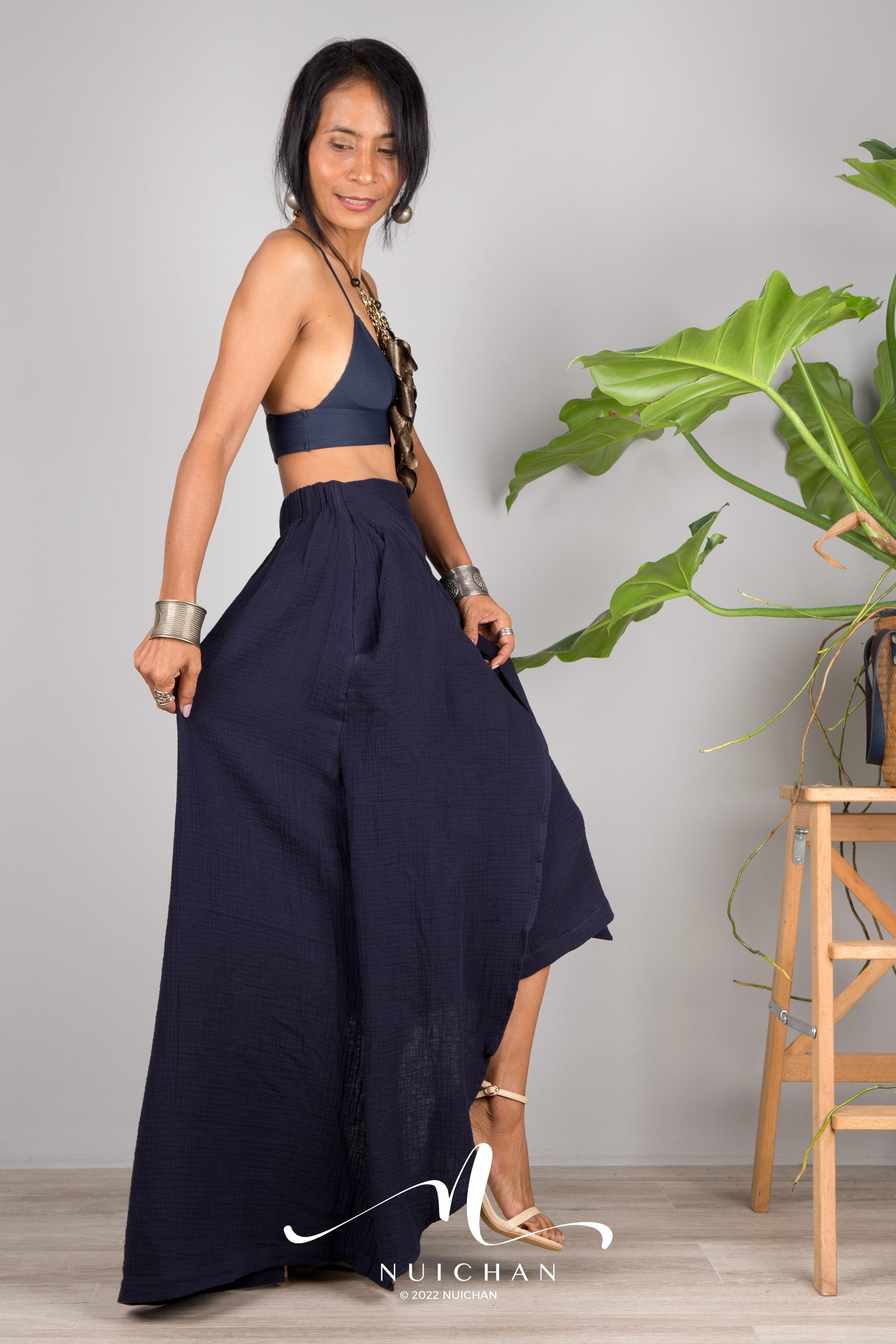 Nuichan women's cotton wrap skirt | Organic blue cotton skirt