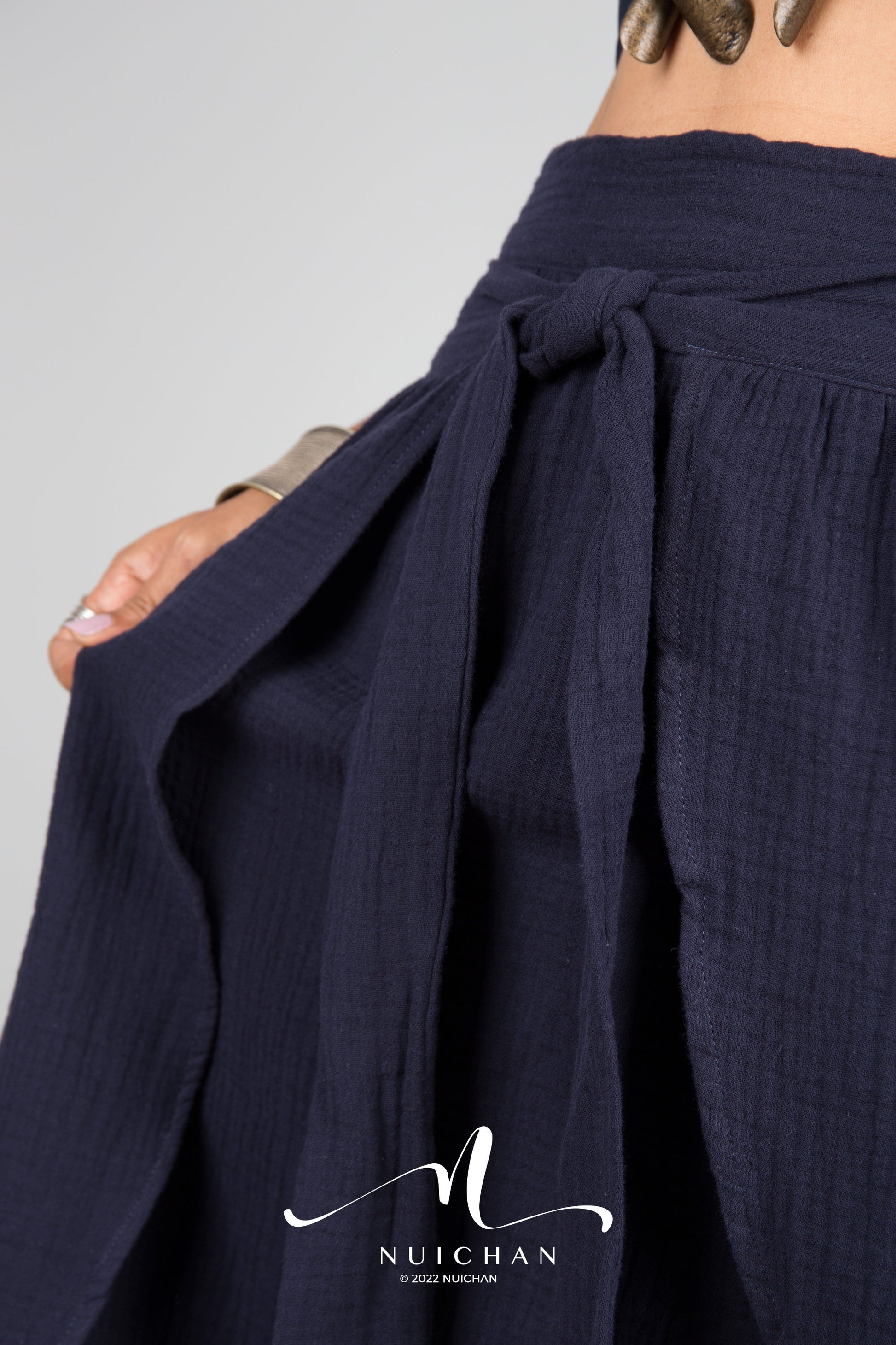 Nuichan women's cotton wrap skirt | Organic blue cotton skirt