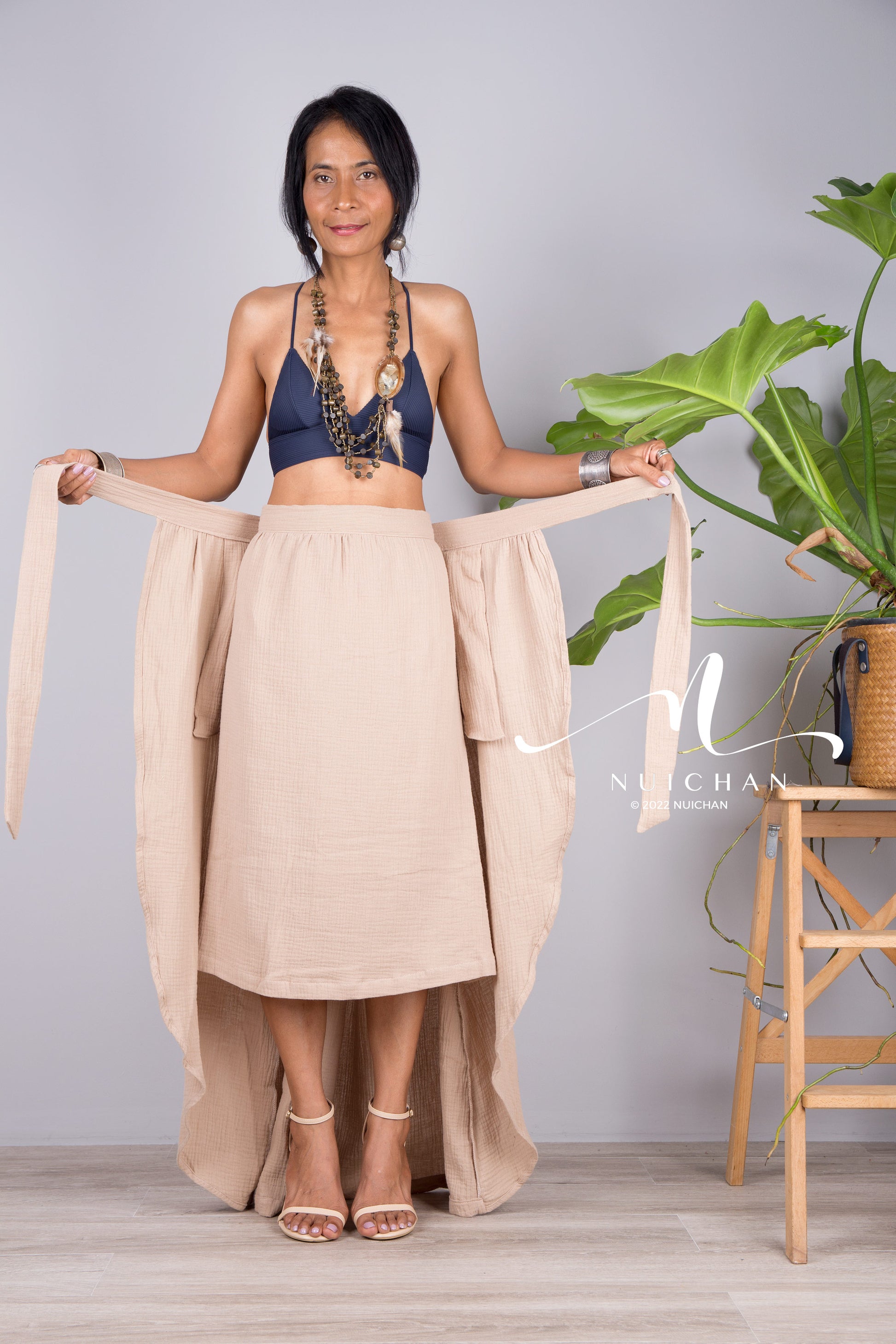 Short front, cotton wrap skirt.  Elegant maxi skirt design by Nuichan