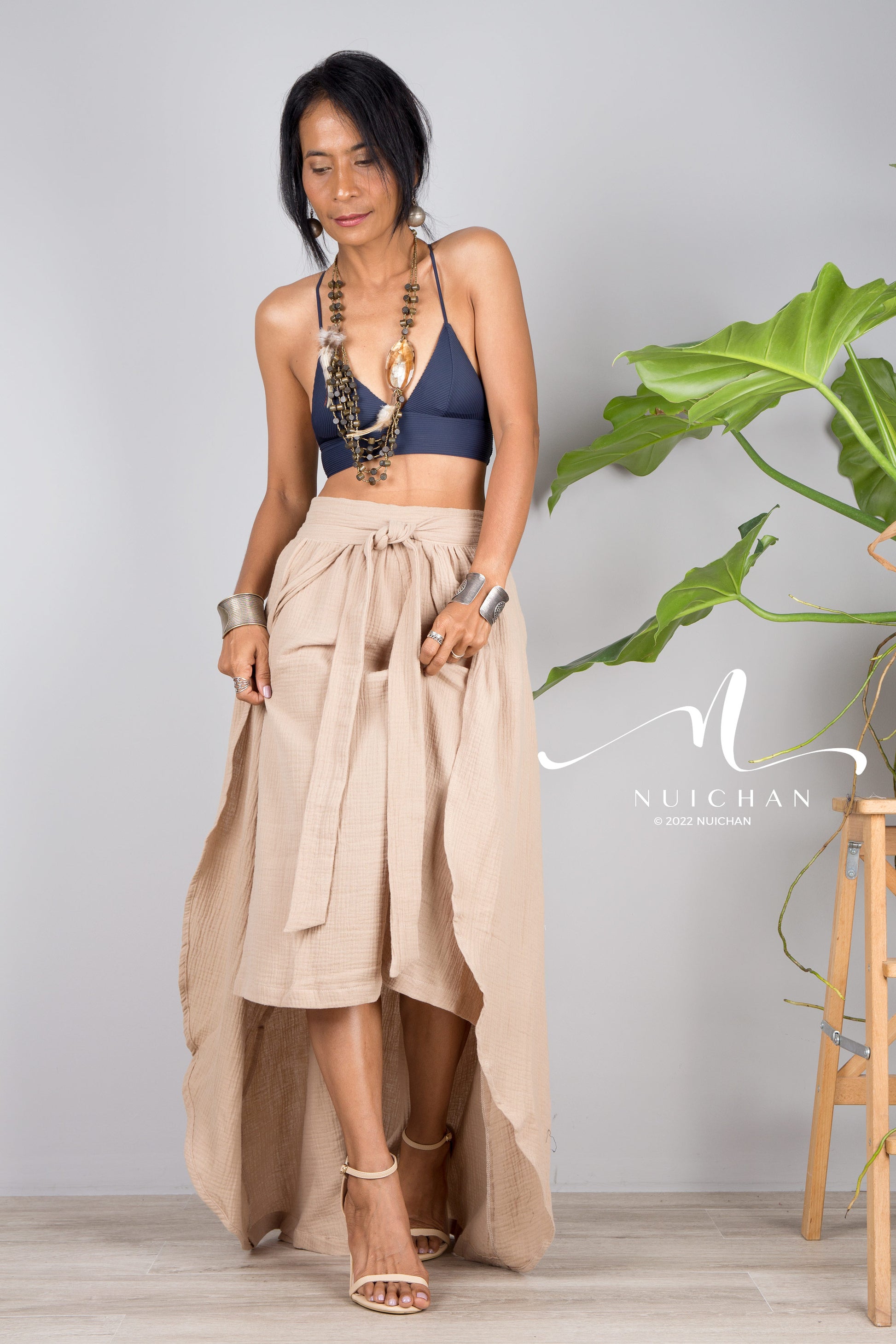 Cotton wrap skirt by Nuichan,  short front summer skirt in a soft brown