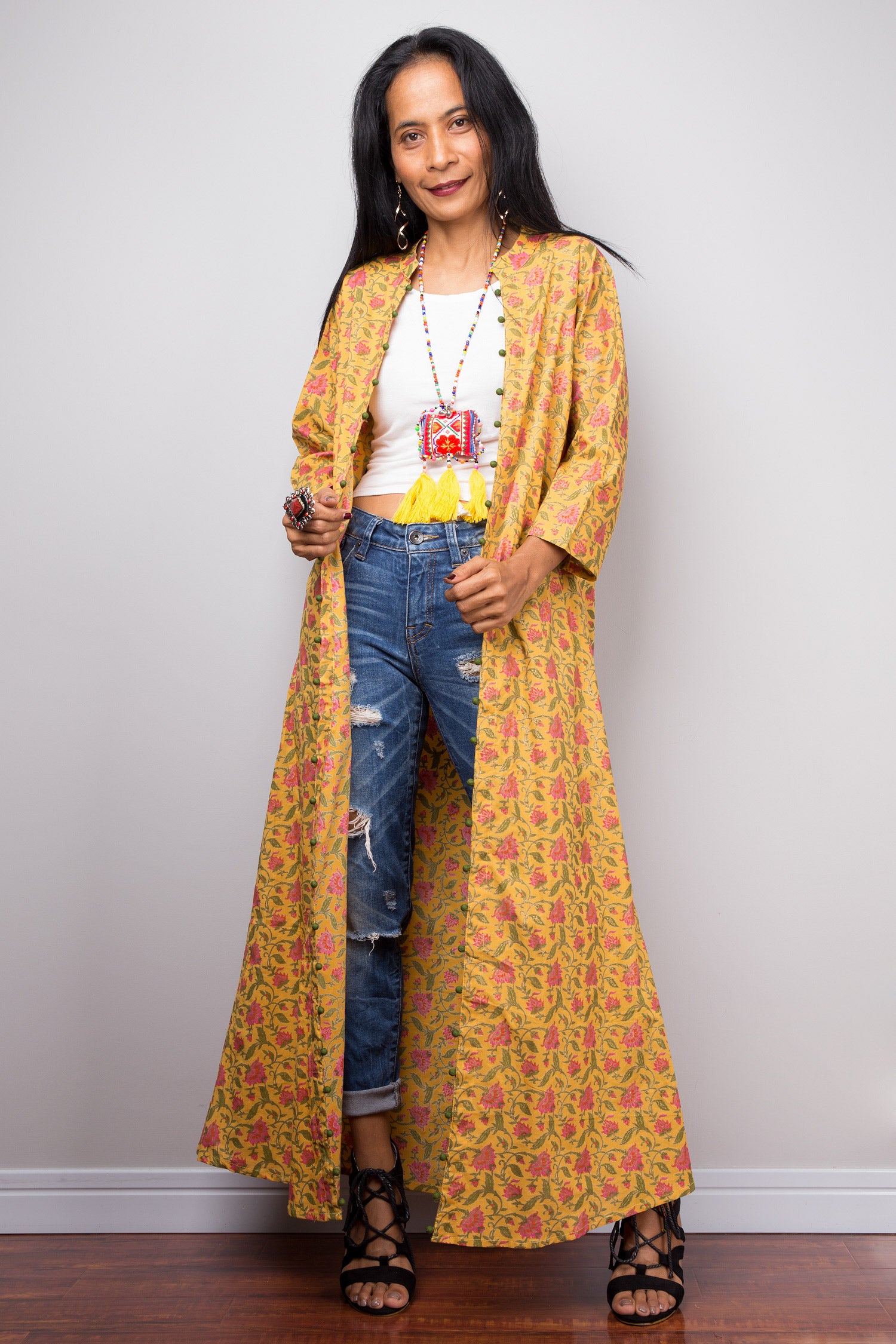 Misassy Women's Open Front Knit Cardigan – Lightweight Boho Kimono Long Sleeve Sweater, Yellow, Small